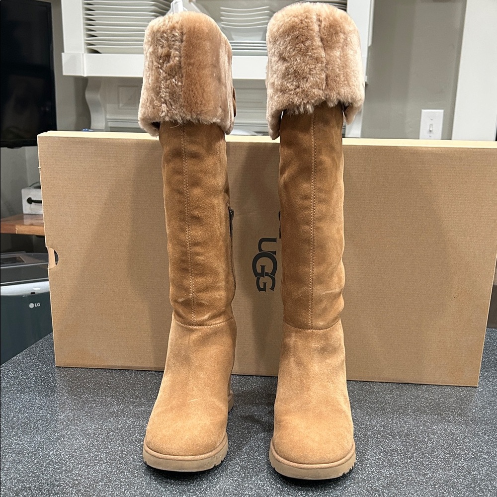 UGG Tan Over the Knee Boots with Fur Trim - Picture 3 of 7